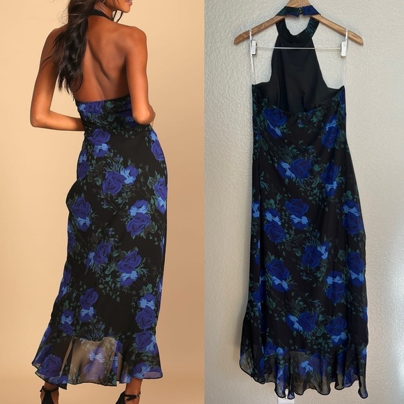 Elegant Entrance Black Floral Print Halter Maxi Dress - Picture 4 of 9